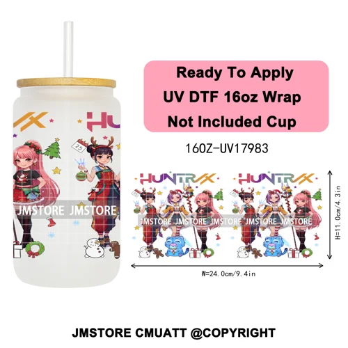 Christmas Edition Kpop Demon Festive Anime Girls UV DTF Stickers Ready To Apply Cup Wrap High Quality For 16OZ Libbey Can Glass