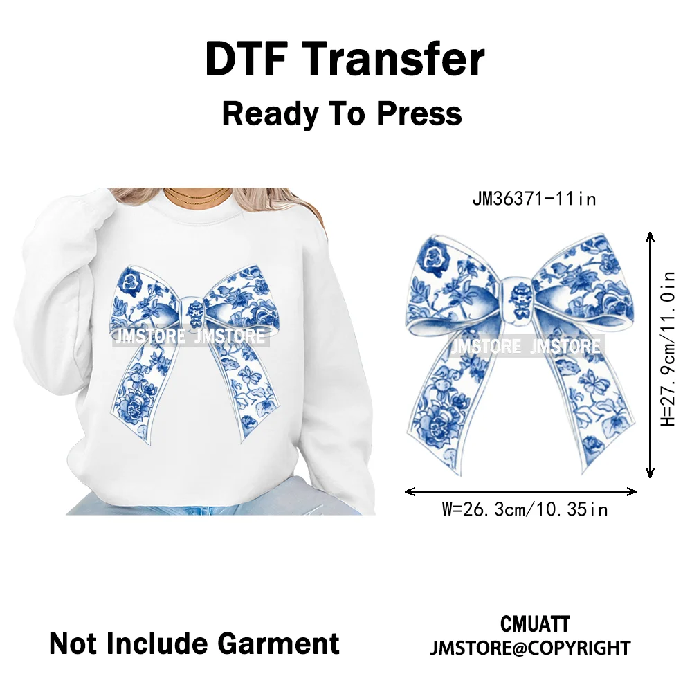 Blue And White Toile Chinoiserie Floral Coquette Bow Thermal Decals Iron on DTF Transfers Stickers Ready to Press for Clothing