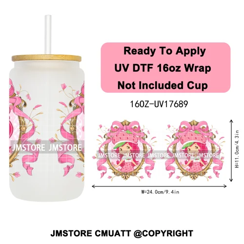 90s Cartoon Strawberry Characters Coquette Bow 16OZ UV DTF Cup Wraps Ready To Apply Transfer Stickers For Libbey Glass Can Mugs