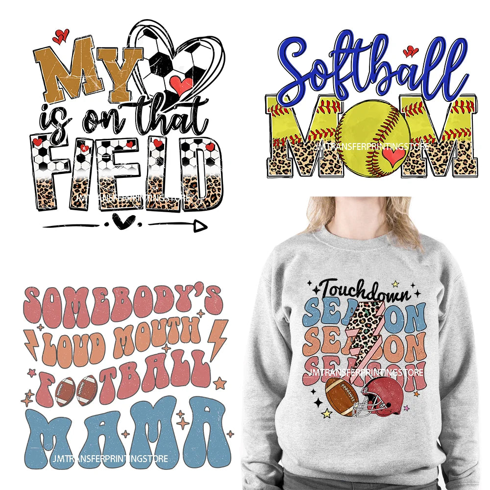 Retro Distressed Softball Baseball Football Sport Mom Touchdown Season My Heart Is On That Field DTF Transfer Sticker For Shirts