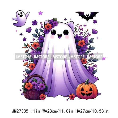 Cute Flower Ghost Bat Hey Boo Double Trouble Spooky Halloween Designs DTF Iron On Transfer Stickers Ready To Press For Clothing