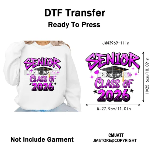 Preppy Coquette Senior 2026 Mega Graduate Cap Varsity Iron on Washable DTF Heat Transfers Stickers Ready to Press for Textiles