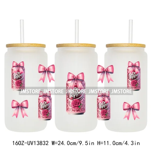 Soft Drink Pink Bow Coquette Strawberry UV DTF Wraps Transfer Sticker Selfadhesive Waterproof  For 16OZ Libbey Glass Can Tumbler