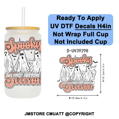Retro Spooky Season Halloween Ghost Boo Gift UV DTF Transfer Stickers Decals Ready To Apply Waterproof For 16OZ Libbey Glass Can