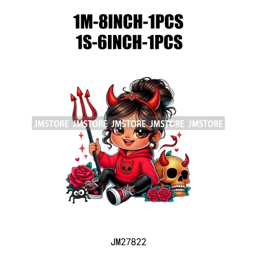 Chibi Cute Halloween Devil Latina Baby Hispanic Girls Skull Red Rose DTF Iron On Transfer Stickers Ready To Press For Sweatshirt