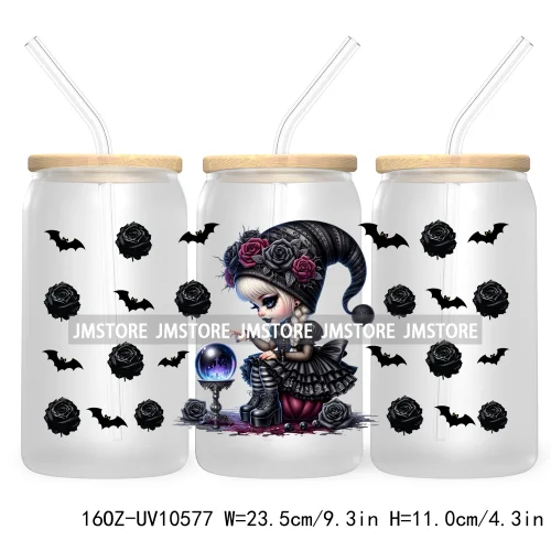 Gothic Girl Gnomes Halloween 16OZ UV Cup Wrap DTF Transfer Stickers For Libbey Glass Can Cups Tumbler Labels Spooky Bats Witch