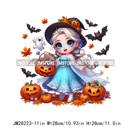 Washable Chibi Spooky Princess Pumpkin Halloween Trick Or Treat Witch Iron On DTF Transfers Stickers Ready To Press For Hoodies