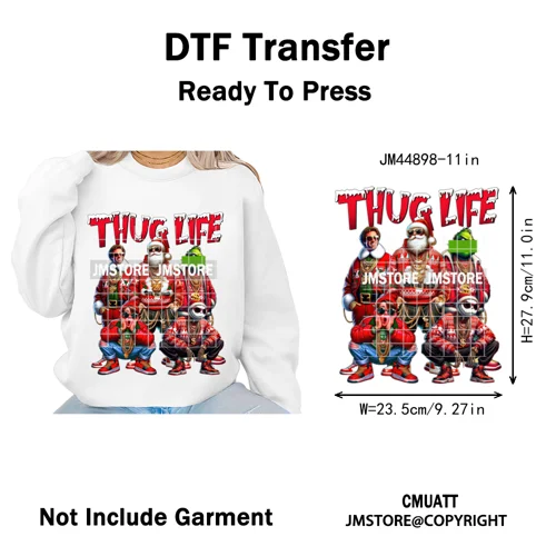 Winter Christmas Cartoon Holiday Characters Thug Life Green Iron on Washable DTF Transfers Stickers Ready to Press for Textiles