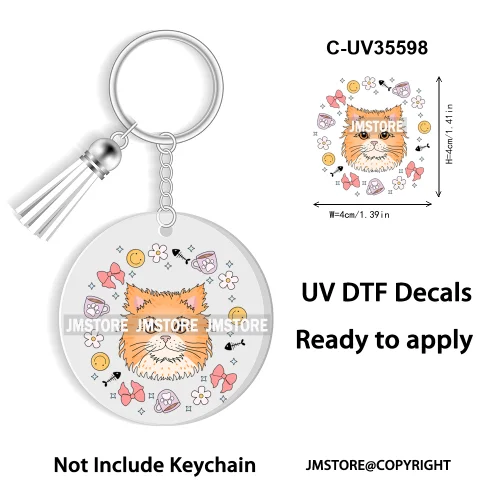 Floral Cat Lover The Best Mama Ever UV DTF Decal Round Keychain Ready To Apply WaterProof Transfer Stickers For Circle Keychain