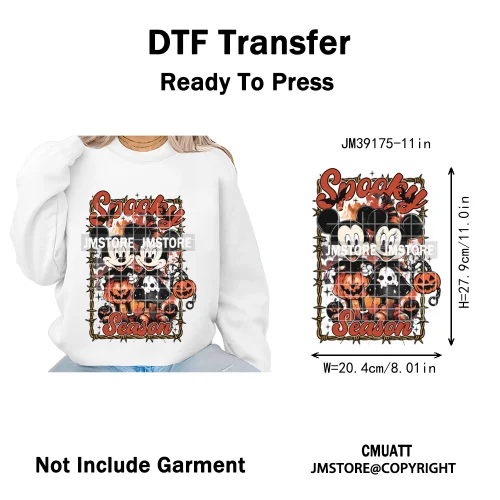 Spooky Season Pumpkin Trick or Treat Cartoon Halloween Iron on DTF Washable Heat Transfers Stickers Ready to Press for Clothing
