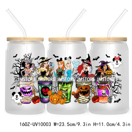 Halloween Coffee Cups UV DTF Sticker For 16OZ Libbey Glass Cup Can Cartoon Princess Wrap Transfer Stickers Custom Labels Logo