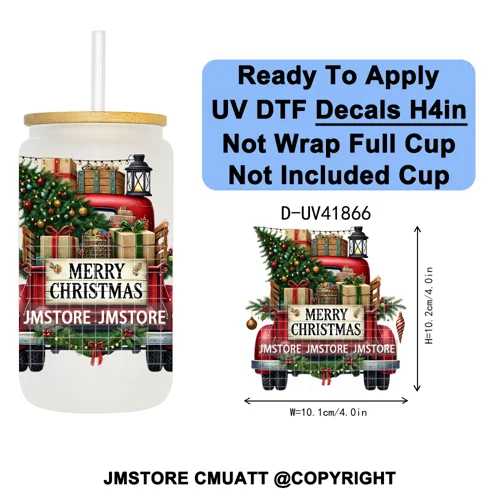 Watercolor Christmas Farm Truck Xmas Gifts UV DTF Transfer Stickers Decals Ready To Apply Waterproof For 16OZ Libbey Glass Can