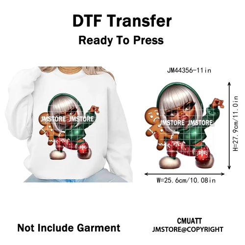 Cool African Melanin Girls Christmas Season Holiday Moody Iron on Washable DTF Heat Transfer Stickers Ready to Press for Hoodies