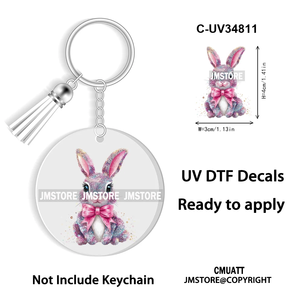 Faux Sequin Glitter Happy Easter Bow Retro Easter Bunny Blowing Bubble UV DTF Stickers for Round Circle Acrylic Keychain Keyring