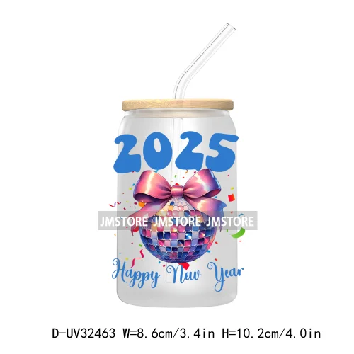 Retro Happy New Year 2025 Coquette Bow UV DTF Transfer Stickers Decals For Libbey Cold Cups Mugs Tumbler Waterproof Custom Logo