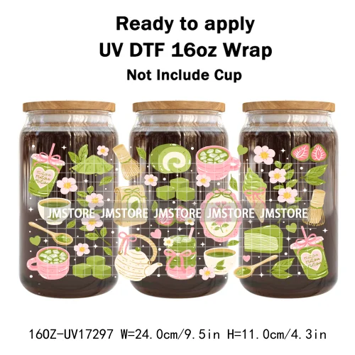 Coquette Green Tea Iced Matcha Latte UV DTF Wrap Transfer Sticker Selfadhesive Waterproof High Quality For 16OZ Libbey Glass Can