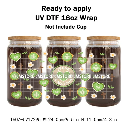 Coquette Green Tea Iced Matcha Latte UV DTF Wrap Transfer Sticker Selfadhesive Waterproof High Quality For 16OZ Libbey Glass Can