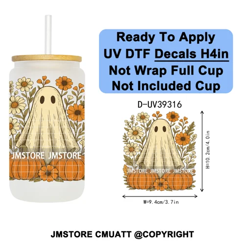Stay Spooky Halloween Horror Pumpkin Coquette UV DTF Decals Ready To Apply Waterproof Transfer Sticker For 16OZ Libbey Glass Can
