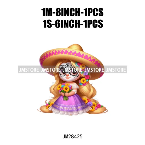 Colorful Day Of The Dead Catrina Princess Baby Girl Sombrero Hat Mexico Conchas Iron On DTF Heat Transfers Stickers For Clothing