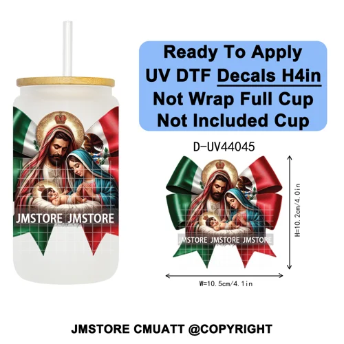 Floral Mexican Christmas Mama UV DTF Transfer Stickers Decals Ready To Apply Good Quality Prints For Libbey Cold Cup Mug Tumbler