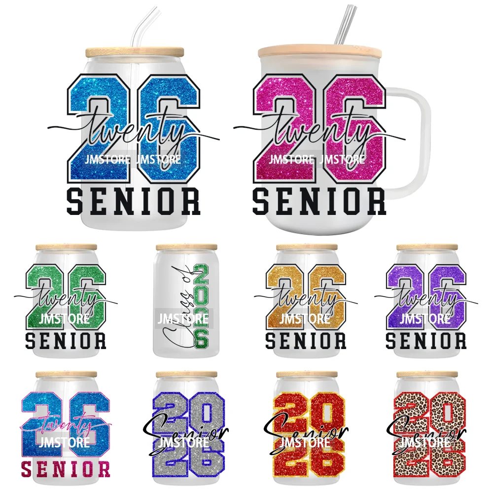 Faux Glitter Senior 2026 School UV DTF Decals Ready To Apply Waterproof Transfer Stickers DIY Crafts For 16OZ Libbey Glass Can