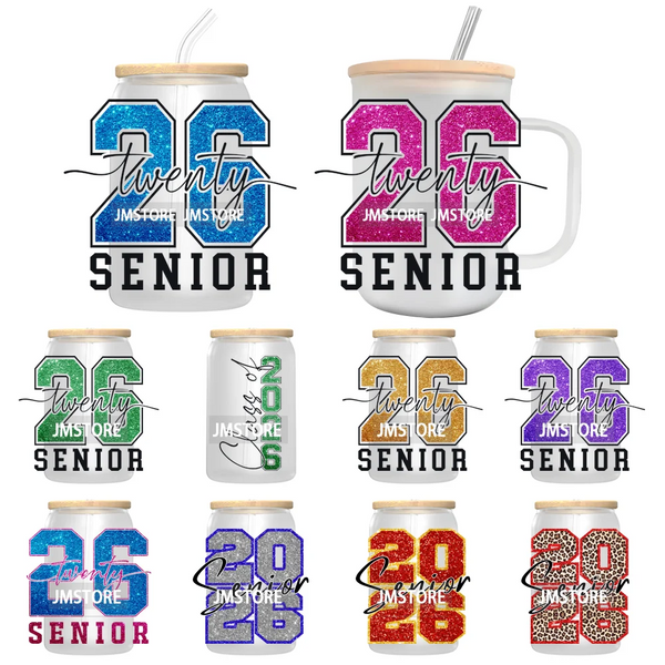 Faux Glitter Senior 2026 School UV DTF Decals Ready To Apply Waterproof Transfer Stickers DIY Crafts For 16OZ Libbey Glass Can