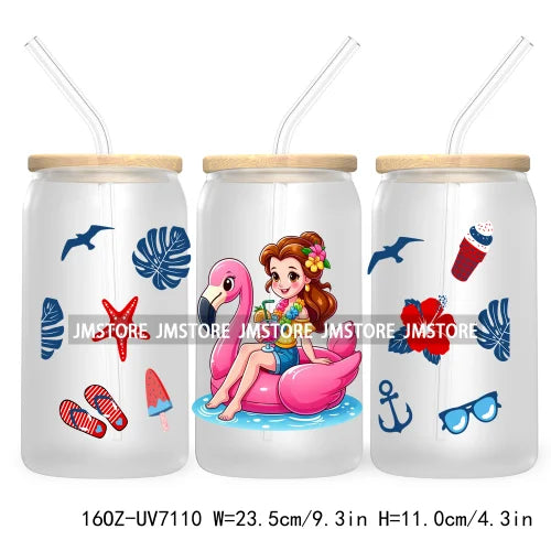 Cartoon Princess's Summer Vacation 16OZ UV DTF Cup Wrap Transfers Stickers For Libbey Glass Can Cups Tumbler Waterproof Craft