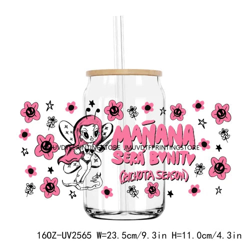 Pink Manana Sera Bonito UV DTF Sticker For 16OZ Libbey Glass Cup Can Wrap Transfer Sticker Custom Labels DIY Logo Bichota Season