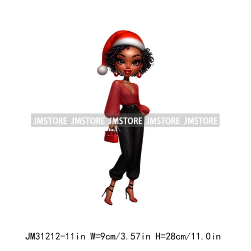 Merry And Bright Melanin Christmas Winter Festive Cheer Santa Woman Iron On DTF Transfer Stickers Ready To Press For Sweatshirts