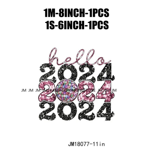 Hello 2024 Plastisol Decals In My 2024 12 New Chapters 365 New Chances Era Faux Glitter DTF Heat Transfer Sticker For Hoodies