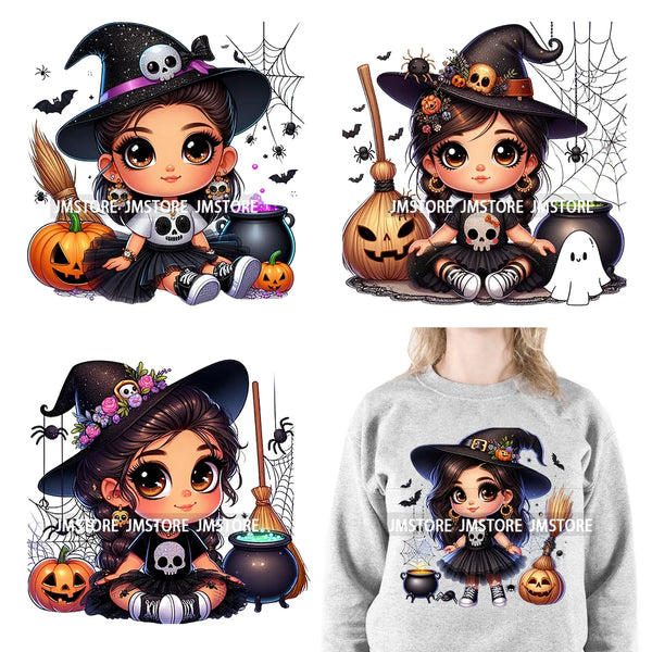 Custom Halloween Spooky Witch Latina Baby Girls Iron On Decals Hispanic Princess DTF Heat Press Transfers Stickers For Hoodies