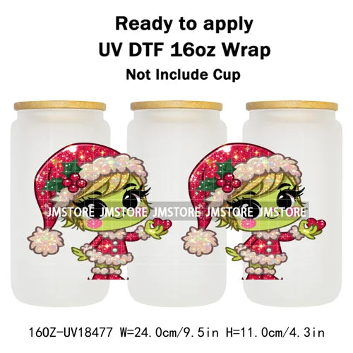 Faux Glitter Christmas Girl Green Guy UV DTF Stickers Ready To Apply Cup Wrap Custom Labels DIY Craft For Libbey Glass Can Mugs