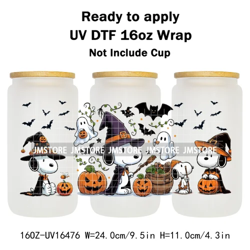 Spooky Ghost Halloween Pumpkin Cartoon Dog 16OZ UV DTF Cup Wraps Ready To Apply Waterproof Transfer Sticker For Libbey Glass Can