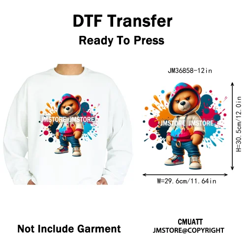 12in Hip Hop Vibes Urban Style Rich Bear With Gold Chains King Animal Iron on DTF Transfers Stickers Ready to Press for Textile
