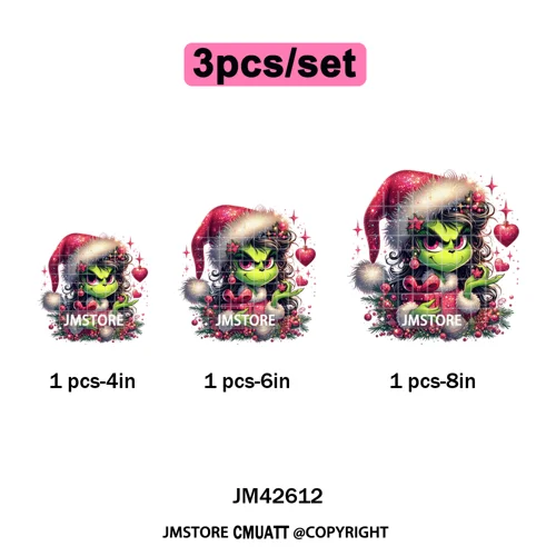 Faux Glitter Cartoon Christmas Movie Green Santa Kid Girly Xmas Iron on DTF Washable Transfer Sticker Ready to Press for Textile