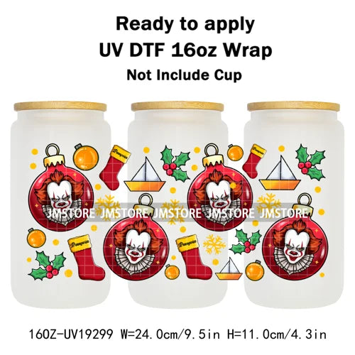 Horror Killers Christmas Ball Stocking Season UV DTF Wraps Transfer Stickers Ready To Apply Waterproof For 16OZ Libbey Glass Can