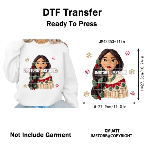 Cute Faux Knitting Yarn Princess Cartoon Character Christmas Holiday Iron on DTF Transfers Stickers Ready to Press for Hoodies