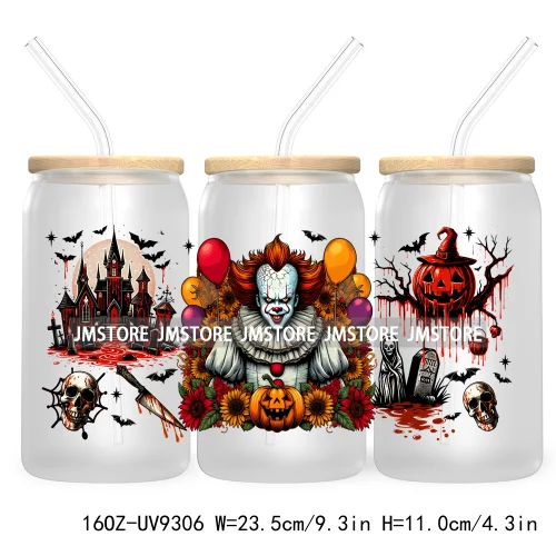 Scary Movies Halloween 16OZ UV DTF Cup Wrap Transfer Stickers Custom Labels Waterproof Logo For Libbey Glass Can Spooky Season