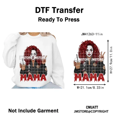 Coffee Lover Afro Mama Spooky Halloween Killer Cartoon Women Iron on Washable DTF Transfers Stickers Ready to Press for Hoodies