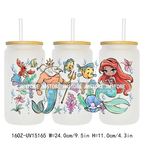 Cartoon Princess Coquette Mermaid 16OZ UV DTF Cup Wraps Ready To Apply Waterproof Transfer Stickers For Libbey Glass Can Tumbler