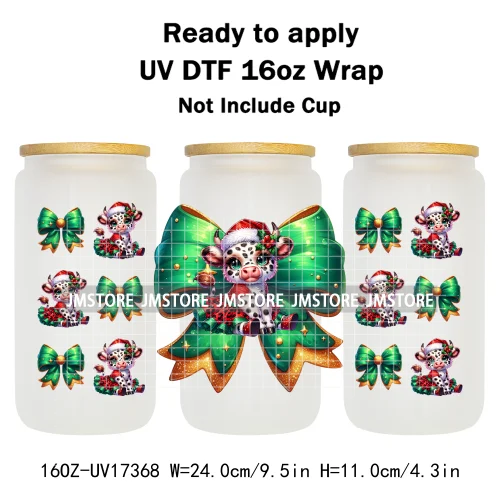 Watercolor Christmas Highland Cows Gift Leopard Print 16OZ UV DTF Cup Wraps Ready To Apply Transfer Sticker For Libbey Glass Can
