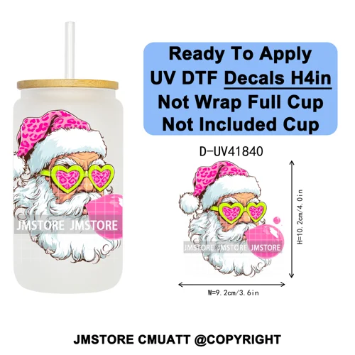 Retro Santa Claus Blowing Bubble Christmas UV DTF Decals Ready To Apply Waterproof Transfer Stickers For 16OZ Libbey Glass Can
