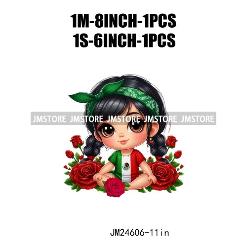 Cute Chibi Mexican Girl Designs Hispanic Red Rose Green Coquette Bow Latina Princess Iron On DTF Transfers Stickers For T-shirts