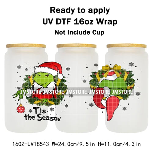 Coquette Bow Christmas Green Character UV DTF Stickers Ready To Apply Cup Wrap Custom Labels DIY Craft For Libbey Glass Can Mugs