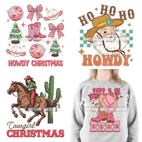 Funny Retro Western Merry Bright Country Christmas Cowgirl Howdy Tree Iron On DTF Transfers Stickers Ready To Press For Hoodies