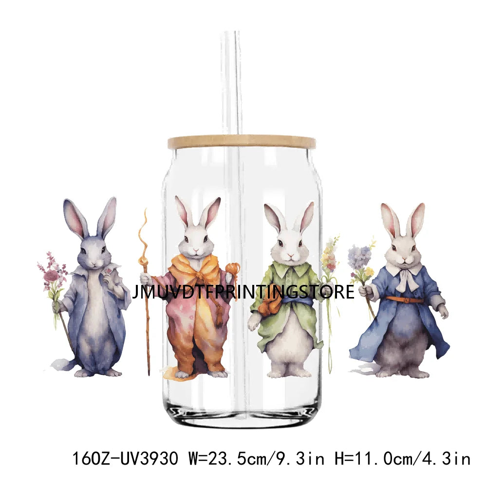 Cute Easter Bunny Rabbit With Flower 16OZ UV DTF Cup Wrap Transfer Sticker Custom Label DIY Waterproof Logo For Libbey Glass Can