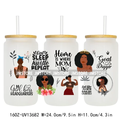 Lady Girl Power Black Woman Affirmations UV DTF Wraps Transfer Sticker Waterproof High Quality For 16OZ Libbey Glass Can Tumbler