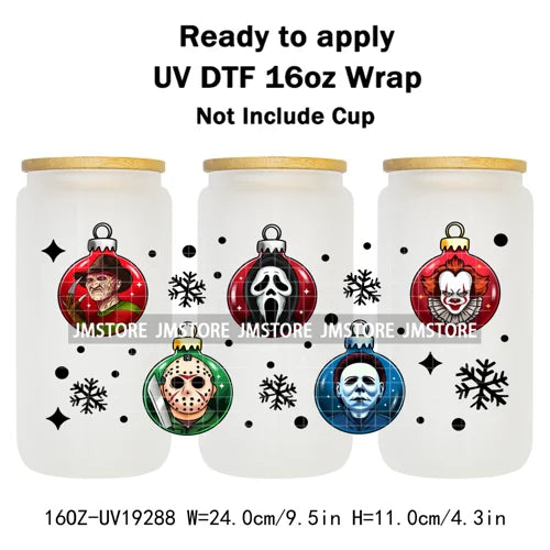 Horror Killers Christmas Ball Stocking Season UV DTF Wraps Transfer Stickers Ready To Apply Waterproof For 16OZ Libbey Glass Can