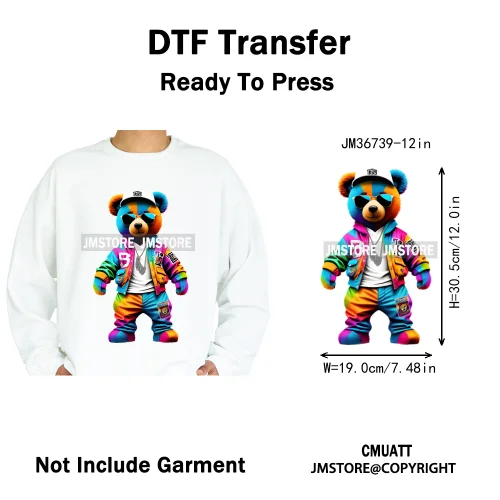 12in Cool Retro Urban Streetwear Graffiti Hip Hop Teddy Bear Iron On DTF Washable Transfers Stickers Ready to Press For Clothing