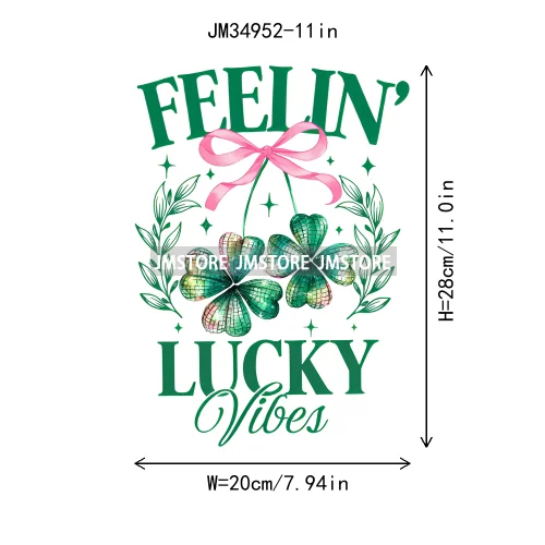 Feeling Lucky Vibes Coquette Shamrock Irish St Patrick's Day Iron On DTF Heat Transfers Stickers Ready To Press For T-shirts Bags